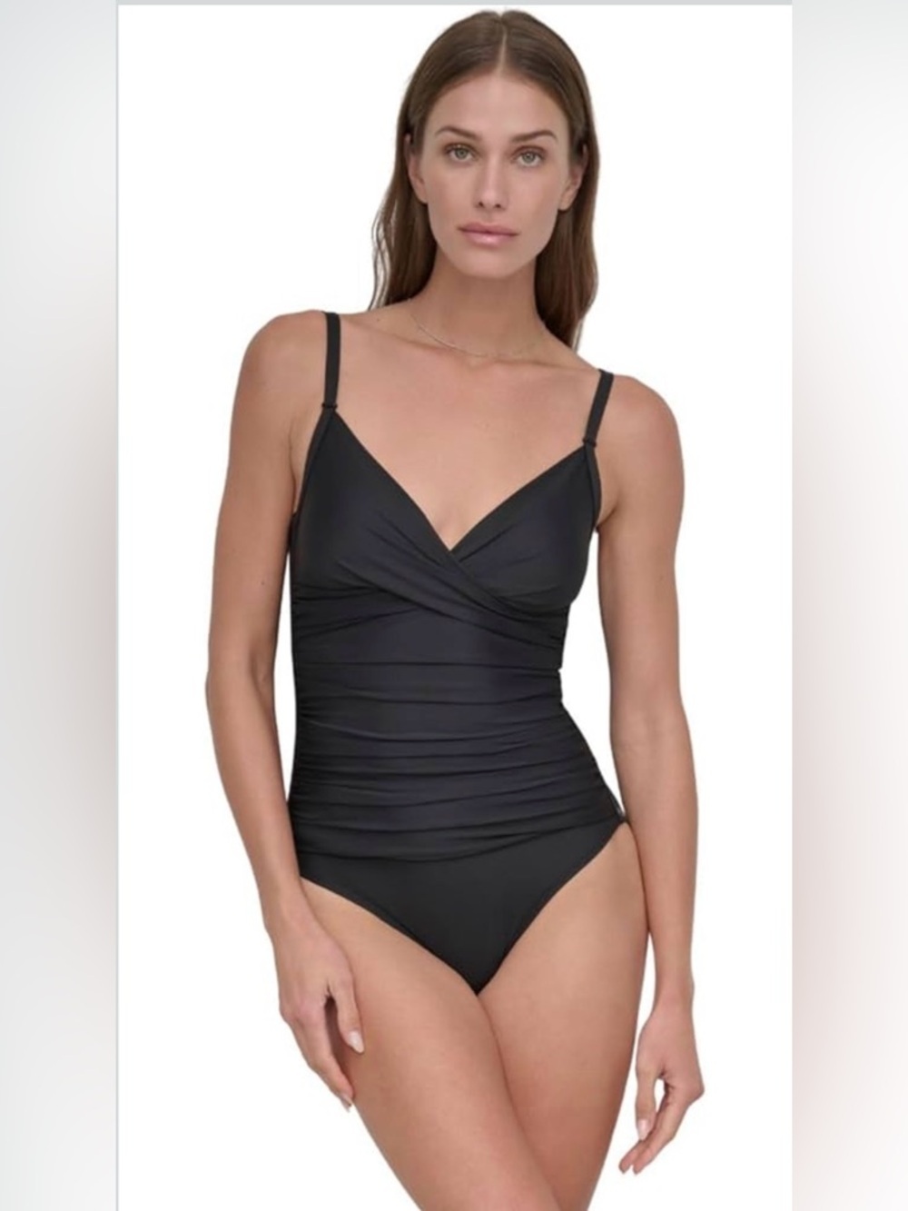 DKNY Women's Surplice Ruched Spaghetti Strap One Piece Swimsuit Tummy Control